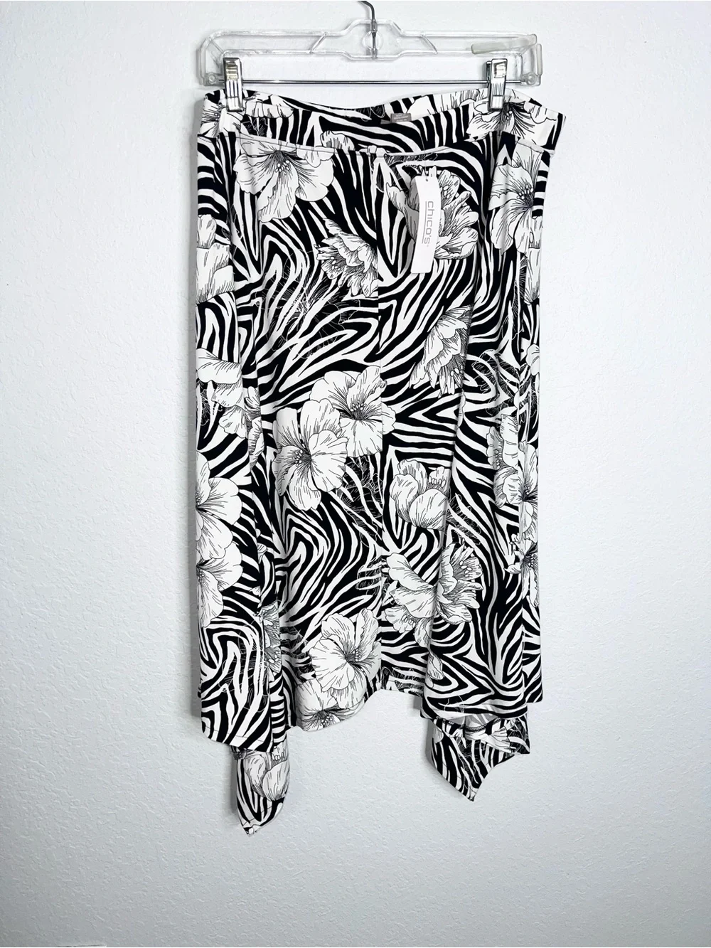 Chico's Zebra Skirt Womens Large 12 2 Handkerchief Hem Floral Maxi C5